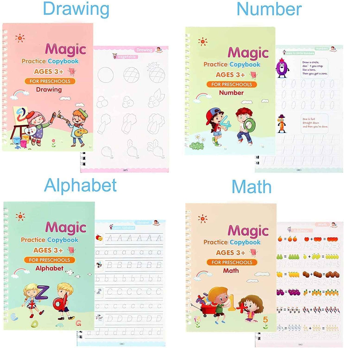BUY 2 GET 2 FREE - Magic Reusable kids Copybook (4 Book + 10 Refill +1 Pen + 1 Grip)