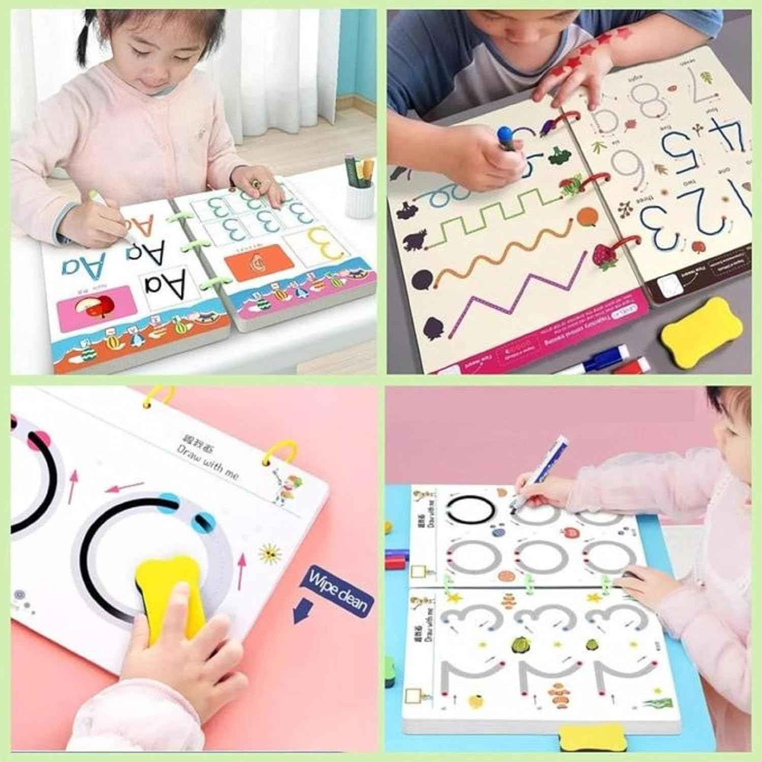 Magical Tracing & reusable Workbook Set for Kids – Alphabets, Numbers & Pen Control Training.